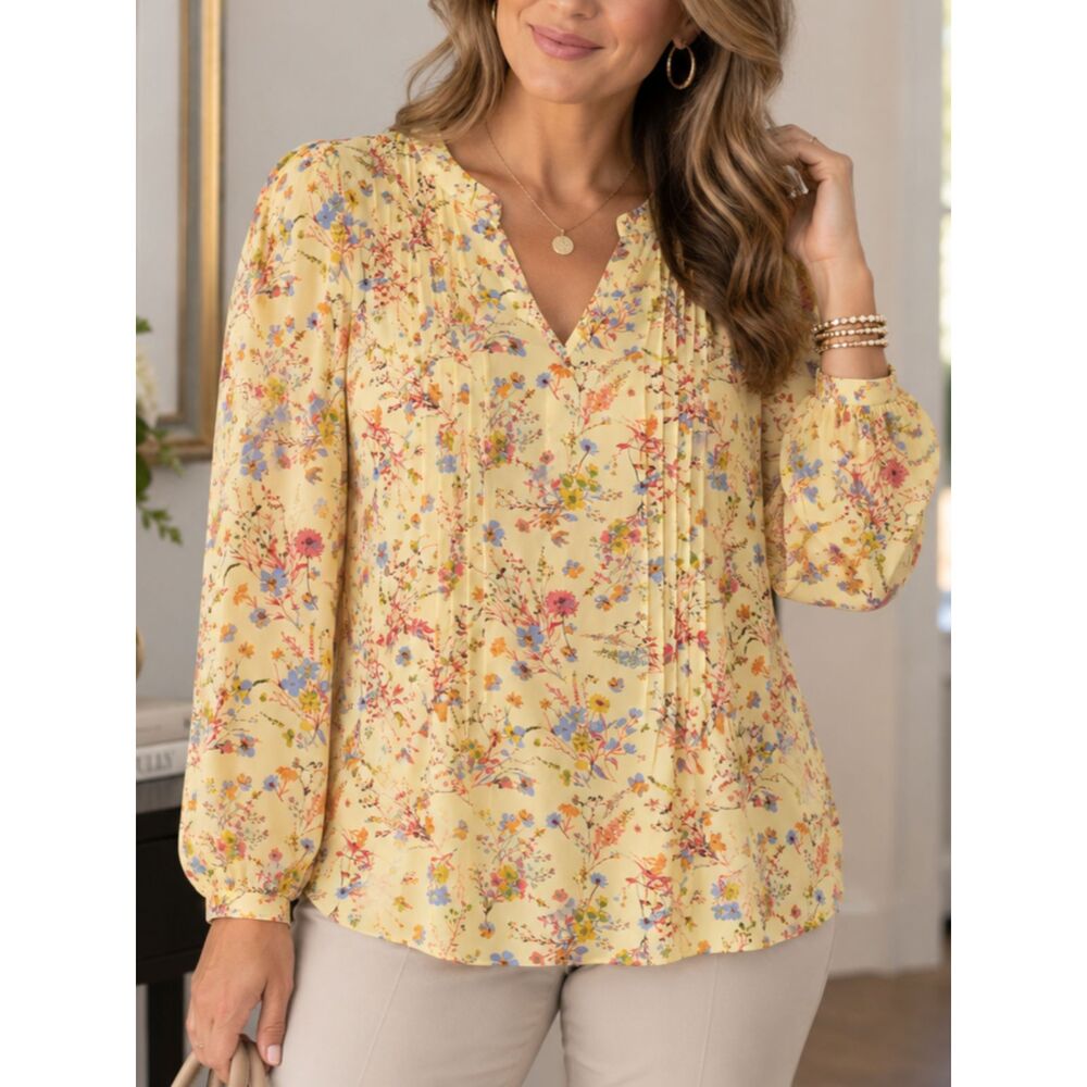 Joan Rivers Floral Pintuck Blouse L Yellow Boho Cottagecore Long Sleeve Top